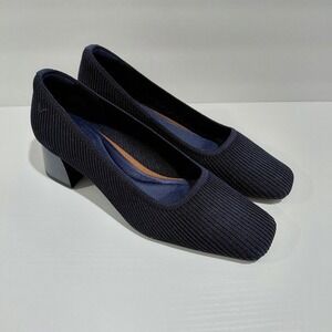 Vivaia Navy Blue Ribbed Knit Square Toe Block Heel Pumps EU 39 Womens 8-8.5